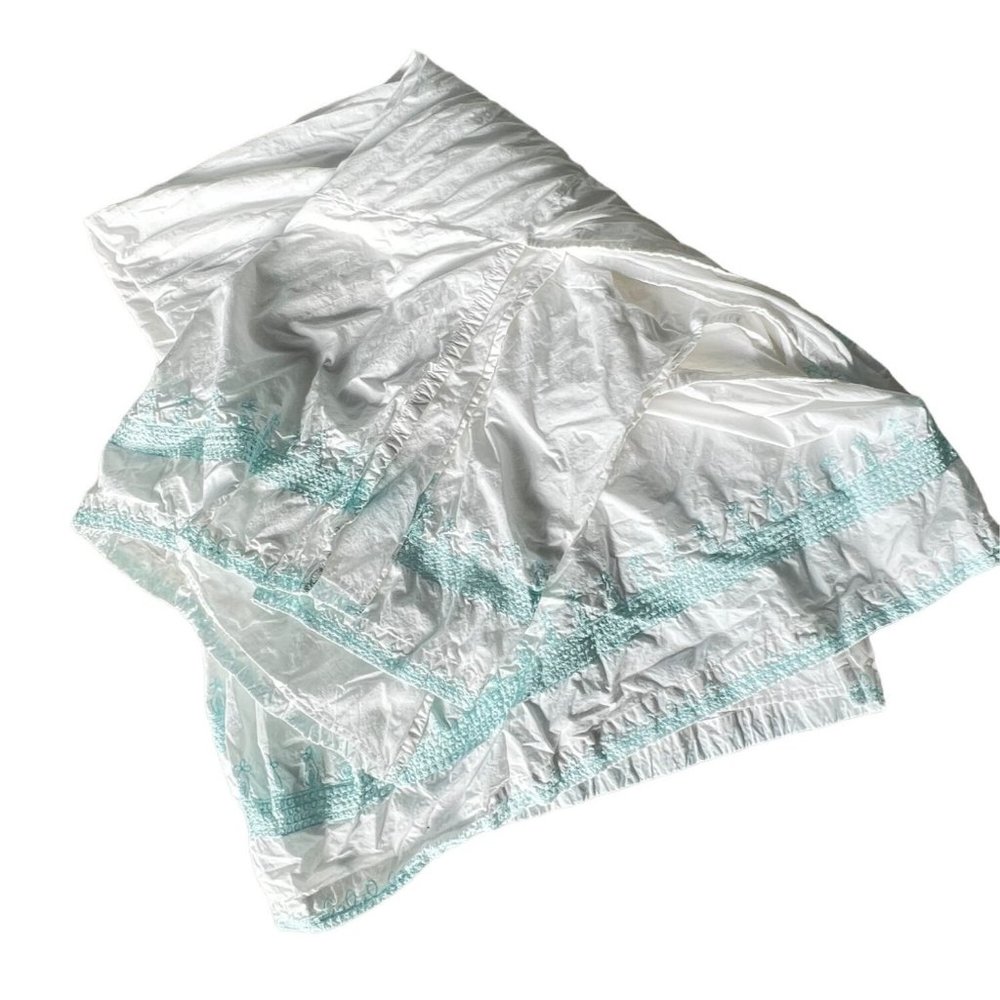 Pottery Barn Kids Crib Skirt Blue Embroidered Bed White Cotton 28x52x16''